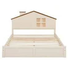 MISSUNNY Full Size Wood Platform Bed With House-Shaped Headboard And Built-In LED, Walnut+Milk White