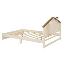 MISSUNNY Full Size Wood Platform Bed With House-Shaped Headboard And Built-In LED, Walnut+Milk White