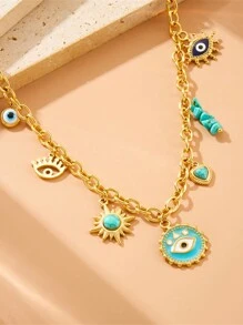 1pc Gold-Plated Stainless Steel Evil Eye & Heart Pendant Necklace, Vintage Valentines - Multicolor - View 2