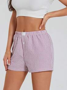 Womens Plaid Print Shorts Elastic Low Waist Button Front Lounge Shorts Boxers Streetwear - 紫色 - 查看 4