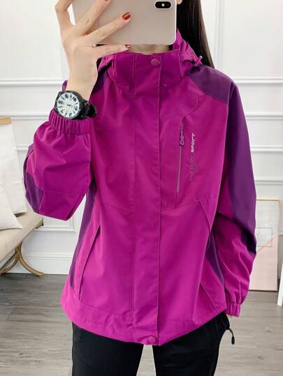 1pc Color Block Lightweight Windbreaker Jacket For Women, Spring/Autumn Outdoor Sports Running Hiking Waterproof Coat With Long Sleeve