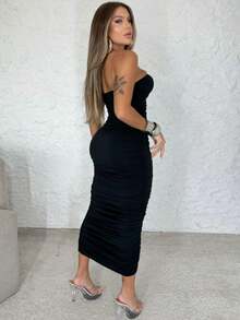 Draped Midi Dress Tube Top Strapless Strapless With Padded Clothes Fashion Elegant Summer - màu đen - Xem 2