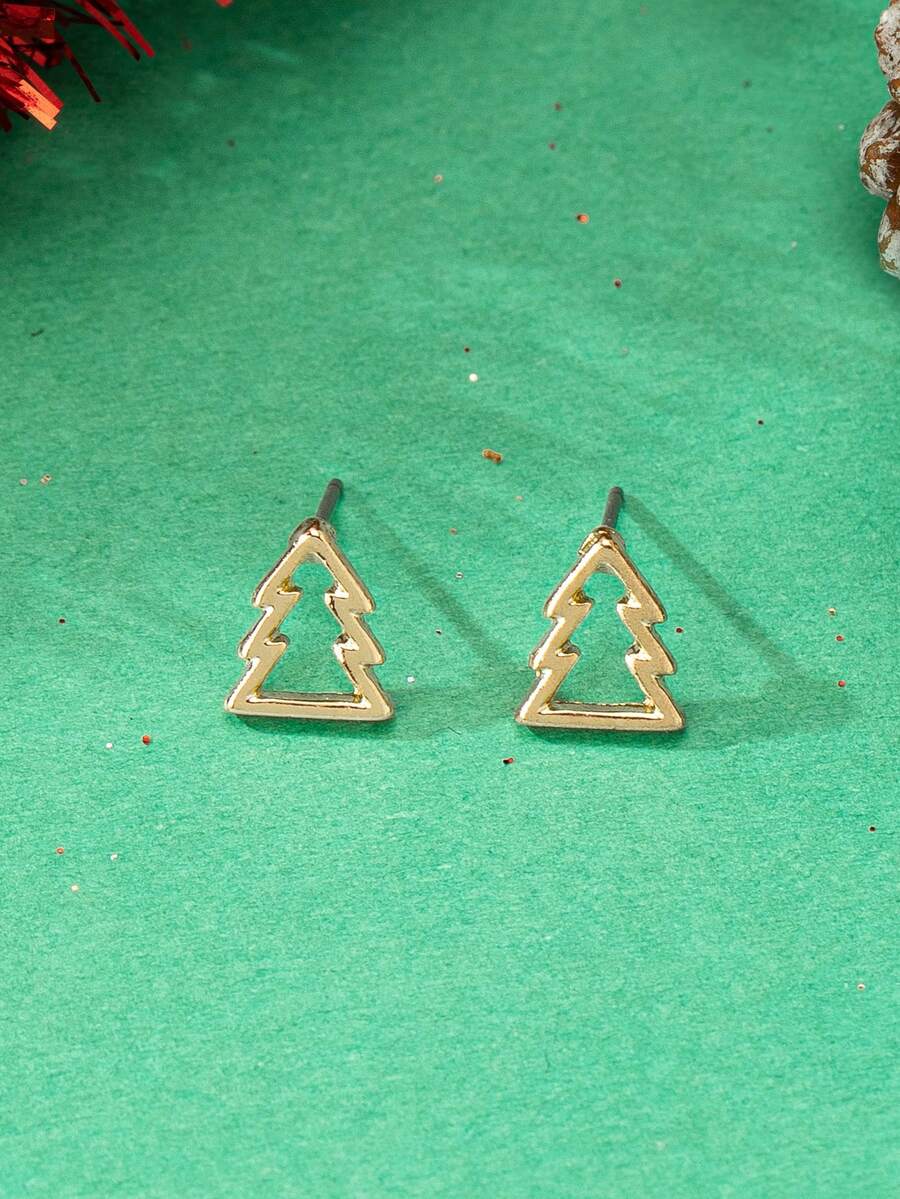 1 Cặp bông tai đinh tán hình cây thông Noel Quà tặng trang sức ngày lễ Giáng sinh mùa đông tối giản cho phụ nữ - Vàng - Xem 1