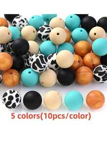 50 peças 15mm Silicone Contas Espaçadoras Redondas, Contas de Borracha com Estampa de Flores para Fazer Chaveiro Pulseira Colar Acessórios DIY