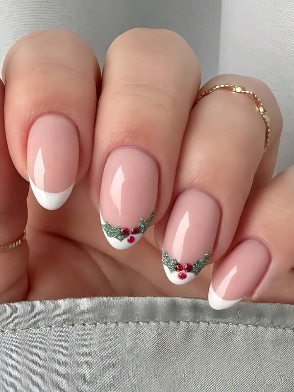 1 Set/30 Stück kurze mandelförmige Aufklebe-Nägel, einfaches französisches weißes Weihnachts-Design, geeignet für alle Damen, bequem für Party, Fest, Alltag, inklusive Gelee-Gel und Pufferblock für lang anhaltenden Glanz Nagelpflege-Set