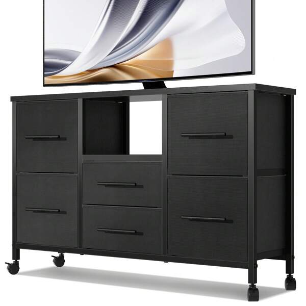 Cassettiera con stazione di ricarica, cassettiera per camera da letto con 6 contenitori in tessuto, supporto TV lungo 43,3'' con ripiano aperto, tavolo TV con 4 rotelle per soggiorno