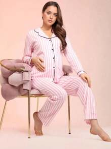 2 piezas Conjunto de top de manga larga y pantalones para maternidad y posparto, diseño de rayas con cuello de solapa, cómodo y de alta gama - Rosa - Ver 2