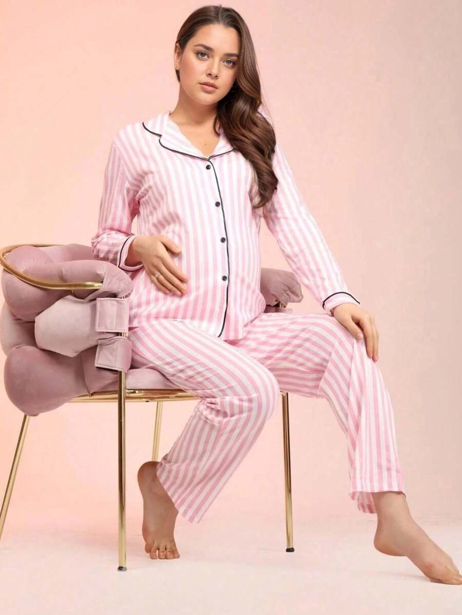 2 piezas Conjunto de top de manga larga y pantalones para maternidad y posparto, diseño de rayas con cuello de solapa, cómodo y de alta gama