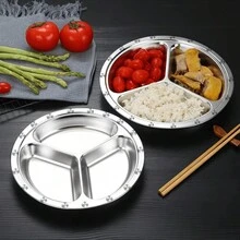 1 件装不锈钢圆形分隔餐盘，带 3 个隔间，自助餐厅餐盘，食物服务隔板，适用于徒步旅行、露营、野餐、家庭和日常使用的学校用品、圣诞礼物 - 銀色 - 查看 1