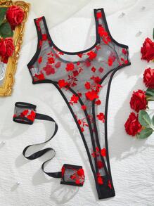 Women's Sexy Floral Flocked & Mesh Bodysuits - Black - View 1