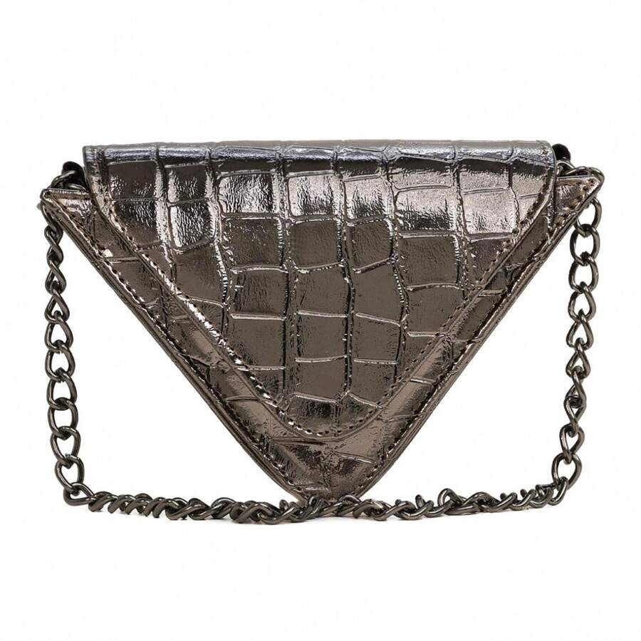 Mini bag Bolsa Feminina Ombro Transversal Triangulo Metalizada Com Corrente - Cinza - Visão 1