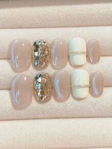 10 件/套手工短款按压指甲，夏季假指甲美甲用品，适合女孩的沙滩美甲短指甲，时尚短方形和椭圆形指甲片，可重复使用，适合教师、学生、办公室、旅行、优雅商务休闲