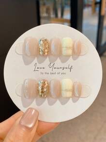 10 件/套手工短款按压指甲，夏季假指甲美甲用品，适合女孩的沙滩美甲短指甲，时尚短方形和椭圆形指甲片，可重复使用，适合教师、学生、办公室、旅行、优雅商务休闲