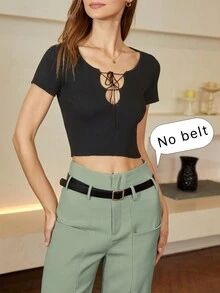 Women Solid Color High Waist Elegant Pants With Ring Detail - Mint Green - View 5