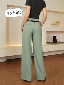 Women Solid Color High Waist Elegant Pants With Ring Detail - Mint Green - View 2