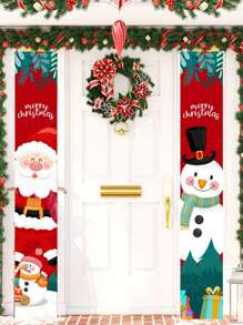 2pcs Merry Christmas Colorful Snowman Santa Claus Decor Door Curtain Holiday Couplet Party Hanging Ornament, Suitable For Festivals, Parties Etc.,Christmas
