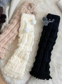 2/4 Pcs Women Furry Ball Decor Black & White Cute Versatile Leg/Foot Warmers, Thickened Long Leg Warmers For Spring/Autumn/Winter