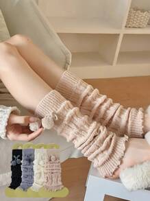 2/4 Pcs Women Furry Ball Decor Black & White Cute Versatile Leg/Foot Warmers, Thickened Long Leg Warmers For Spring/Autumn/Winter
