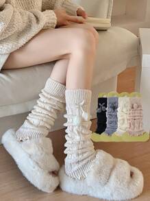 2/4 Pcs Women Furry Ball Decor Black & White Cute Versatile Leg/Foot Warmers, Thickened Long Leg Warmers For Spring/Autumn/Winter