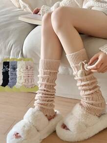 2/4 Pcs Women Furry Ball Decor Black & White Cute Versatile Leg/Foot Warmers, Thickened Long Leg Warmers For Spring/Autumn/Winter