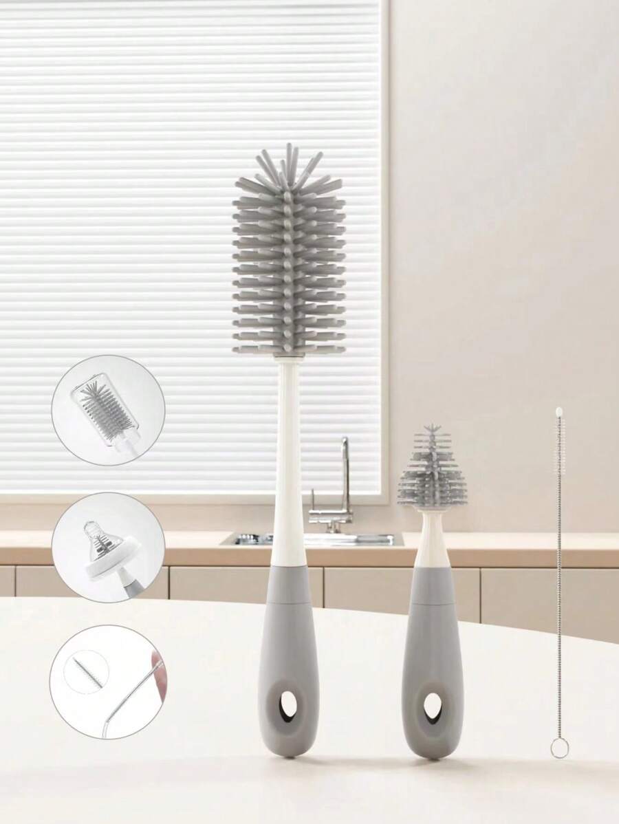 3 件套硅胶婴儿奶瓶刷、奶嘴和吸管清洁工具套件 - 灰色 - 查看 1