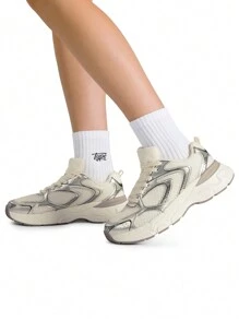 Women Platform Sneakers Fashion 2.35 Inch Chunky Heel Lace-Up Y2K-Style Sneakers Comfortable Tennis Lightweight Breathable Mesh Walking Casual Shoes - 香檳色 - 查看 3