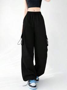 Pantalones Mujer Verano Americana Pierna Ancha Ropa de Trabajo Cintura Alta Deporte Suelto Retro Casual Punch Señoras Pantalones de Mujer - Negro - Ver 1