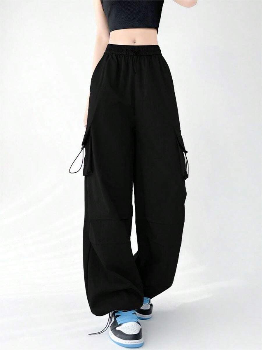 Pantalones Mujer Verano Americana Pierna Ancha Ropa de Trabajo Cintura Alta Deporte Suelto Retro Casual Punch Señoras Pantalones de Mujer - Negro - Ver 1