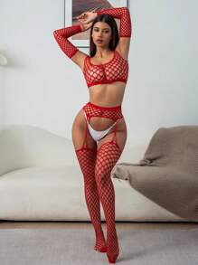 Lingerie Set: Bikini Cover Up, Sexy Hollow Bikini, Tempting Fishnet Top & Pants For Going Out - Red - View 4