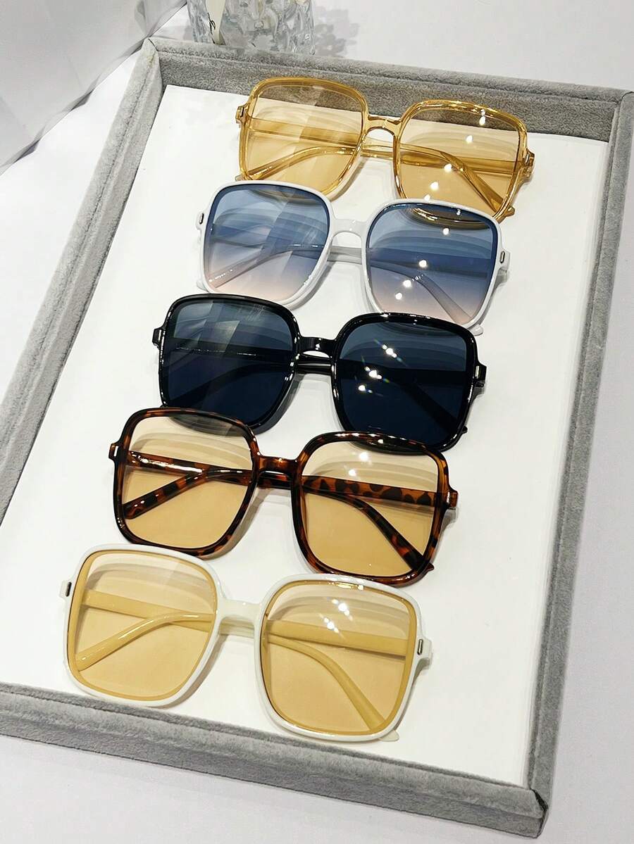 5 件/3 件/2 件套时尚大框方形眼镜，适合日常佩戴和户外旅行海滩配件女士眼镜遮阳镜 - 彩色 - 查看 1