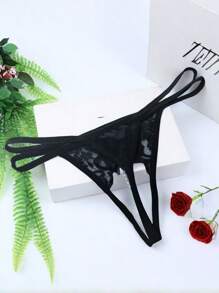 AB. Sexy Lace Bow Beaded Crotchless Thong - Black - View 3