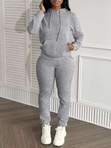 LovelyWholesale Bộ áo và quần dài tay có mũ, túi, kiểu dáng đơn giản, thường ngày dành cho nữ, thích hợp mặc mùa xuân. - Xám - Xem 4