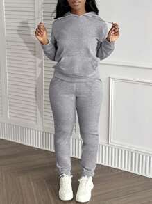 LovelyWholesale Bộ áo và quần dài tay có mũ, túi, kiểu dáng đơn giản, thường ngày dành cho nữ, thích hợp mặc mùa xuân. - Xám - Xem 8