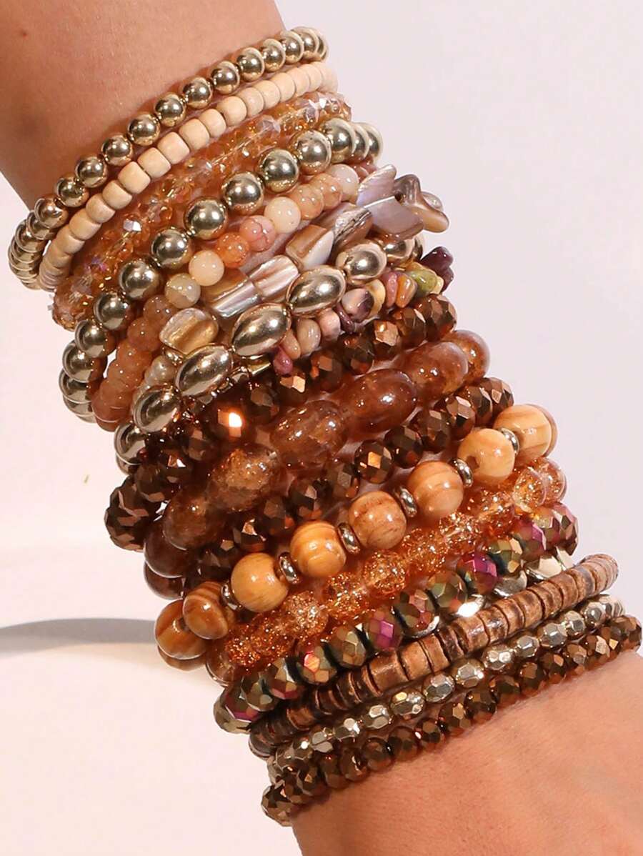 18pcs/Set Crystal & Baroque Pearl Stacked Bracelet Set, Suitable For Women Formal Events & Daily Wear - 18PC/SET Stacking Bracelet Set - View 1