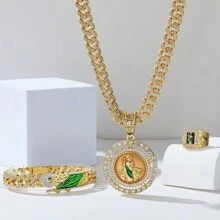 Hip Hop Men Rhinestone-Encrusted Religious St. Jude Necklace Personality Splice St. Jude Bracelet With Ring Rapper Suit