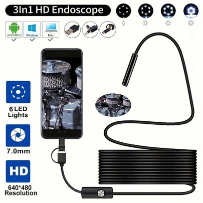 1M / 39 Inch Hard Wire Endoscope Camera Waterproof Endoscope Borescope Adjustable Soft Wire 7mm Android Type-C USB Inspection Camea For Car
