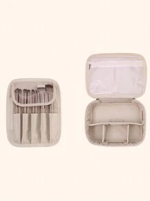 Beige PU Leather Large Capacity Waterproof Travel Portable Brushes Storage Bag Multi-Function Folding Cosmetic Bag Double Layer Makeup Bag With Handle Make Up Organizer Toiletry Bag Makeup Storage Wash Bag Waterproof Makeup Brushes Storage Outdoor Travel Handbag For Travel Vacation Organization Wash Bag For Travel Dorm Essentials Back To School Luggage Suitcase For Women And Girls Student Waterproof - Beige - View 6