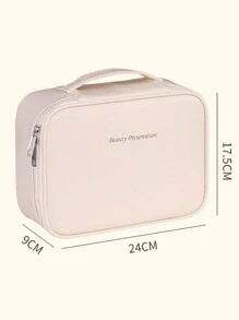 Beige PU Leather Large Capacity Waterproof Travel Portable Brushes Storage Bag Multi-Function Folding Cosmetic Bag Double Layer Makeup Bag With Handle Make Up Organizer Toiletry Bag Makeup Storage Wash Bag Waterproof Makeup Brushes Storage Outdoor Travel Handbag For Travel Vacation Organization Wash Bag For Travel Dorm Essentials Back To School Luggage Suitcase For Women And Girls Student Waterproof - Beige - View 9