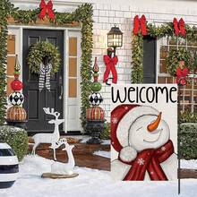 1 chiếc Cờ Giáng sinh vui vẻ cho khu vườn mùa đông, Biển báo nhỏ hình người tuyết bằng vải bố hai mặt, Đồ trang trí sân ngoài trời ngày lễ - Đỏ và trắng - Xem 3