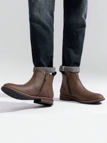 SHOESMALL Men's Chukka Boots PU Leather Side Zipper Casual Black Boots Retro Ankle Desert Pull On Brown Dress Boots