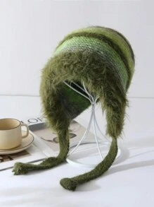 1pc Women Ombre Fluffy Knit Beanie Hat,Thick Soft Plush Warm Ear Protection Winter Headwear, Reversible Hat, Adorable Colored Knitted Cap