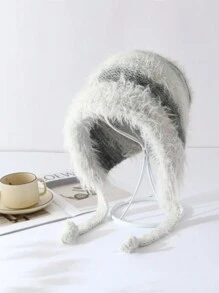 1pc Women Ombre Fluffy Knit Beanie Hat,Thick Soft Plush Warm Ear Protection Winter Headwear, Reversible Hat, Adorable Colored Knitted Cap