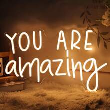1pc You Are Amazing LED Neon Light Sign, 5V USB Powered Night Light With Glow Words Bedroom Living Room Classroom Wall Decor Sign, Hanging Smart Birthday Christmas Gift USB Powered - Warm-white - View 1