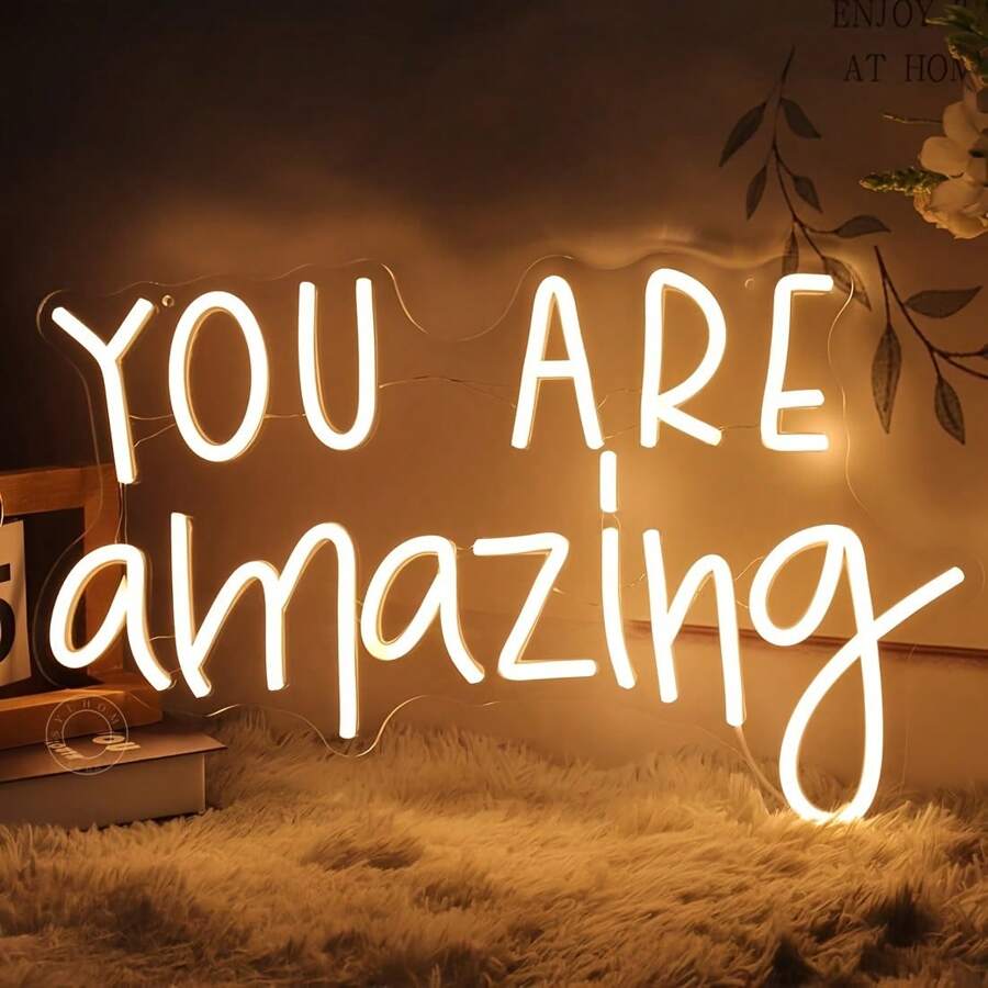 1pc You Are Amazing LED Neon Light Sign, 5V USB Powered Night Light With Glow Words Bedroom Living Room Classroom Wall Decor Sign, Hanging Smart Birthday Christmas Gift USB Powered - Warm-white - View 1