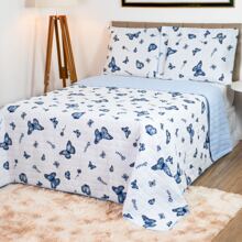 3-Piece Double-Sided 180-Thread Count Cotton Bedspread Kit, Various Prints - Bướm xanh - Xem 1