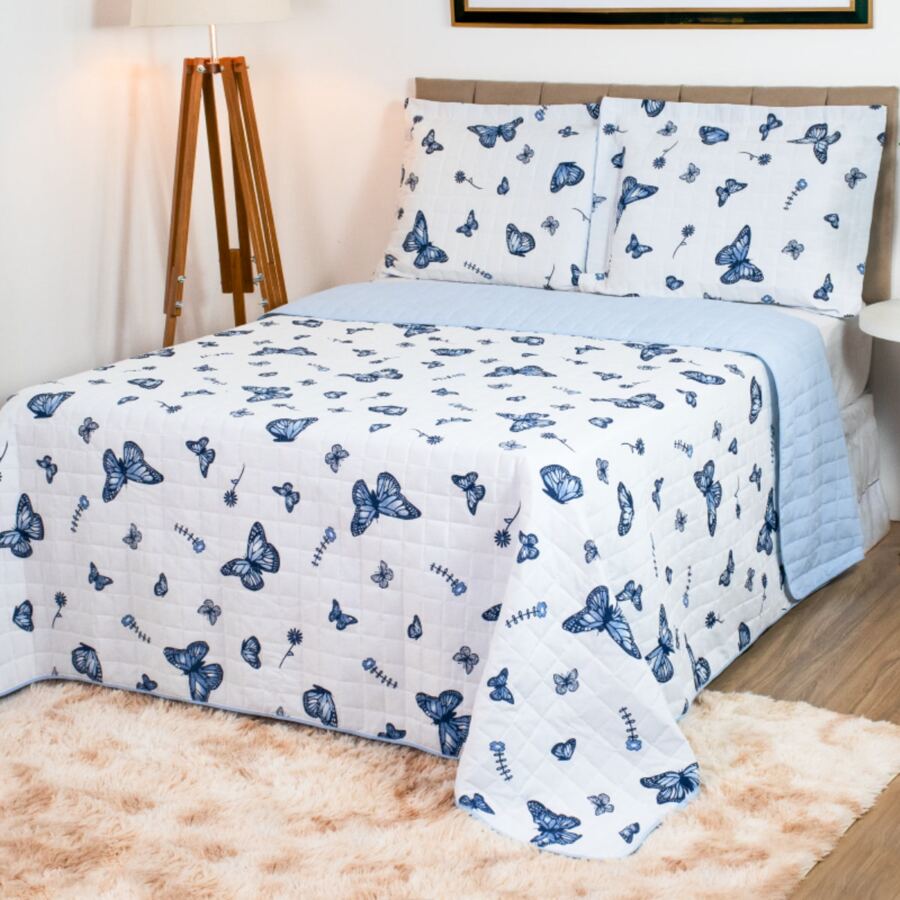 3-Piece Double-Sided 180-Thread Count Cotton Bedspread Kit, Various Prints - Bướm xanh - Xem 1