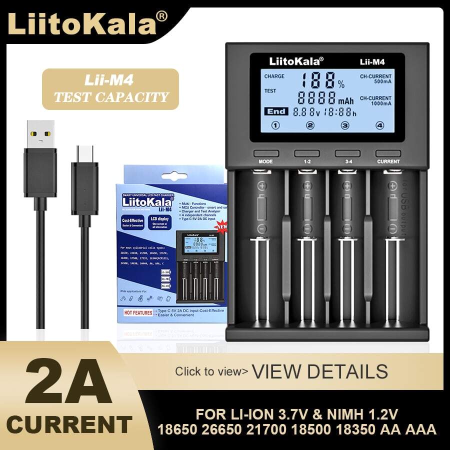 Bộ sạc pin đa chức năng LiitoKala Lii-M4 18650 LCD cho pin sạc Lithium Ion 3,7V 26650 21700 14500 18350 17500 26350 10440 18500 1,2V Ni-Mh AA AAA A C và các loại khác - màu đen - Xem 1