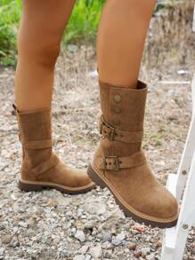 女士时尚铆钉扣装饰厚底圆头靴，包括中筒靴、踝靴和短靴，百搭防滑西部牛仔马靴、摩托车靴、防水靴、折叠靴、冬靴 - 棕色 - 查看 5