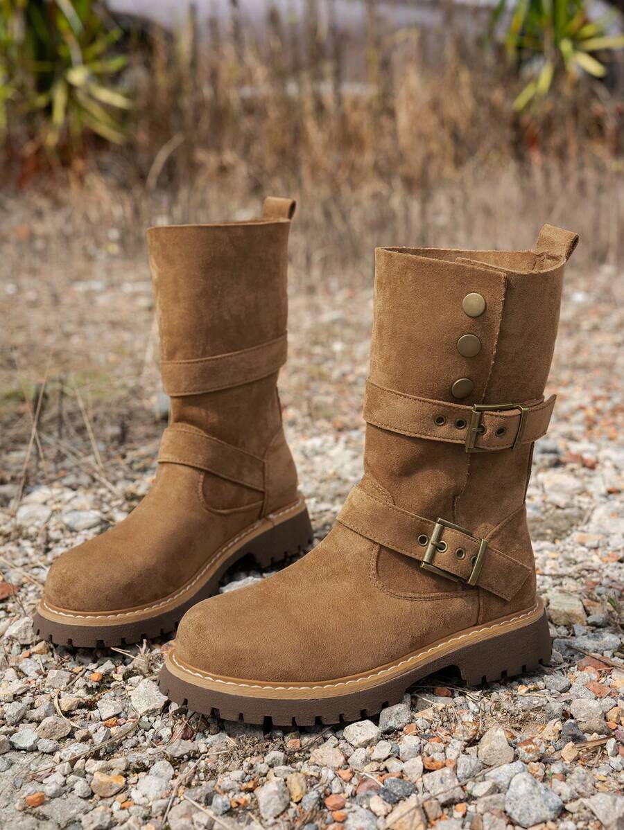 女士时尚铆钉扣装饰厚底圆头靴，包括中筒靴、踝靴和短靴，百搭防滑西部牛仔马靴、摩托车靴、防水靴、折叠靴、冬靴 - 棕色 - 查看 1