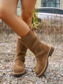 女士时尚铆钉扣装饰厚底圆头靴，包括中筒靴、踝靴和短靴，百搭防滑西部牛仔马靴、摩托车靴、防水靴、折叠靴、冬靴 - 棕色 - 查看 4